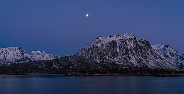 Nórsko, noc, mesiac, Fjord, Európa, Cestovanie, Sky