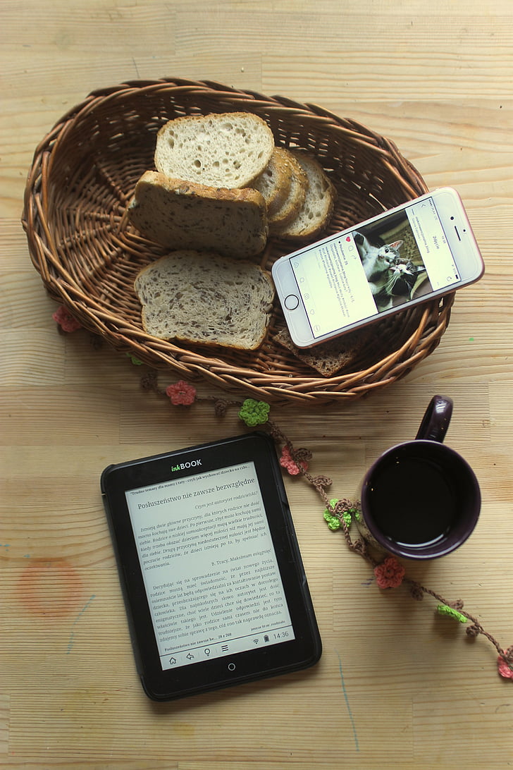 café, le petit déjeuner, iPhone, fleurs, guirlande, crochet en, lecteur