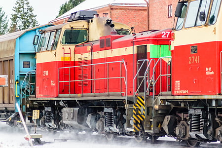 Trem, Inverno, locomotiva, faixa, vermelho, ferrovia, transporte