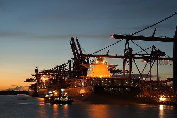 Kontejnerová loď, Hamburk, přístav, jeřáb, voda, nákladní doprava, průmysl