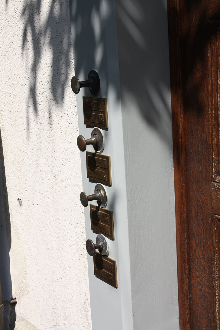 door bell, old, brass, address, door