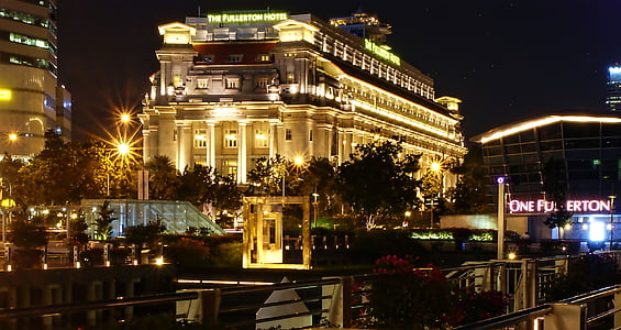 fullerton viesnīcas, Singapūra, vecākajām viesnīcas, nakts ainas, Titānika shapè, Fullerton, Viesnīca