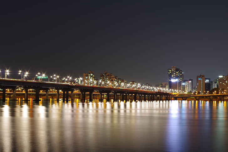 Han upė, vaizdas naktį, nakties fotografija, Seulas, tiltas, naktį, miesto peizažas