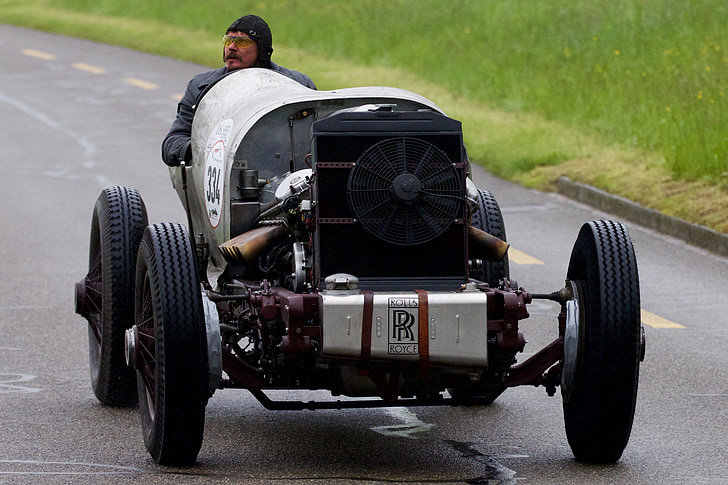 oldtimer, racing car, rollce royce, wet