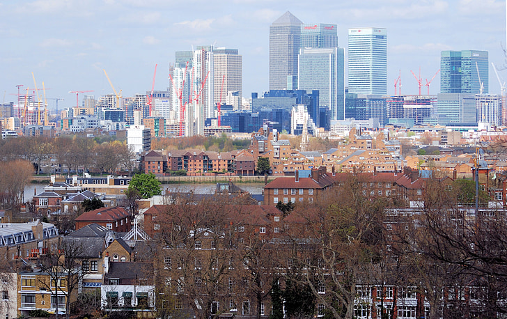 Greenwich, England, Storbritannien, skyline, finansielle distrikt, arkitektur, London