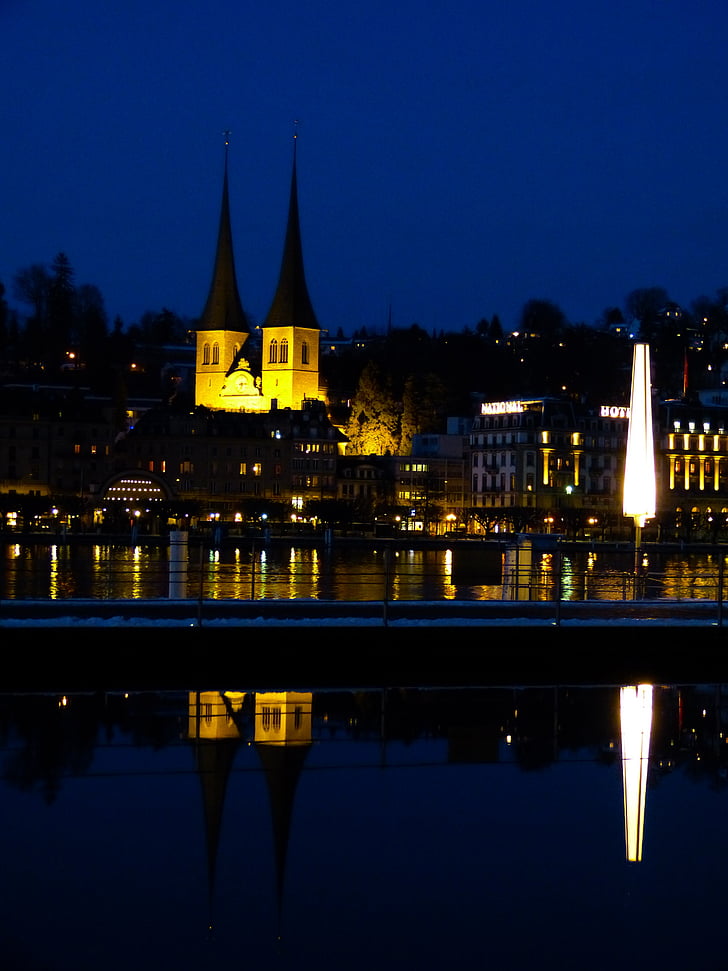 Lucerna, Suíça, à noite, espelhamento, Igreja, água, Rio