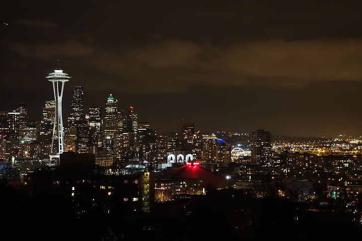 Seattle, vue de nuit, le space needle, 燈, un nom de famille, nuit