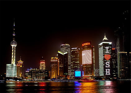 vue, ville, paysage, nuit, Shanghai, Chine, Skyline