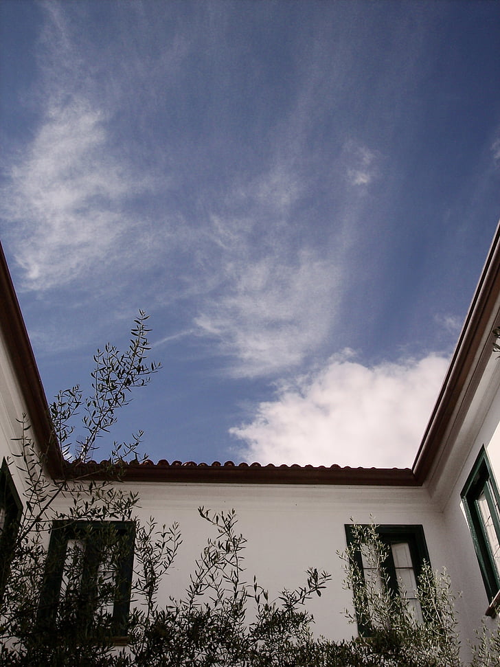 sky, courtyard, trees, clouds, window, architecture, house