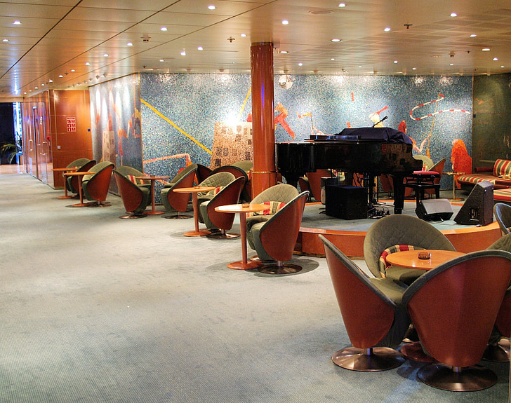 cruise ship interior, lounge area design, music, conversation