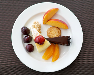 dessert, fruit, cake, plate, cherry, confectionery, chocolate