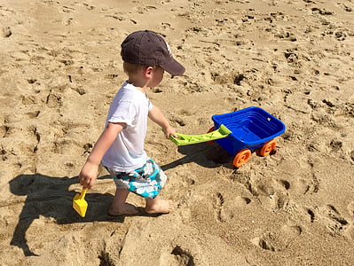 海滩, 夏季, 儿童, 蹒跚学步, 沙子, 海, 家庭