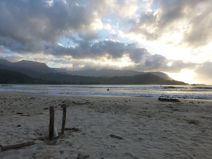 Kauai, Hawaii, Playa, arena, puesta de sol, nubes, puesta del sol