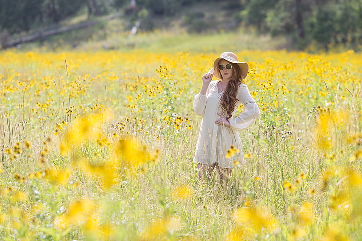 yellow, flowers, summer, glasses, hat, dress, redhead