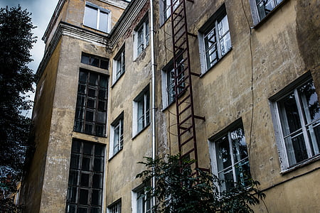 old building, ladder, window, trumpet, old house, building, house