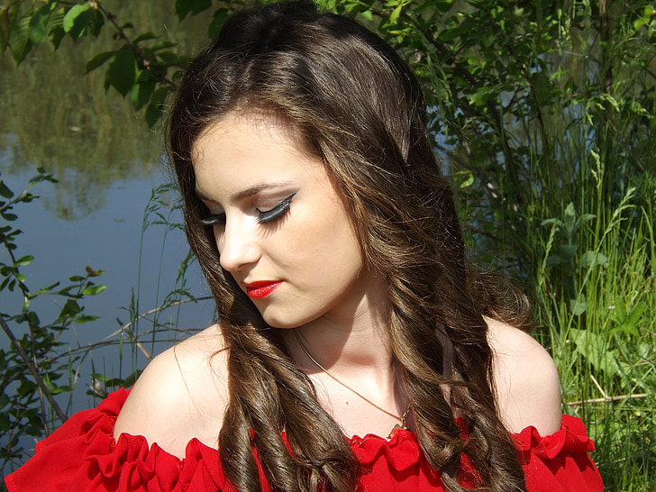 djevojka, portret, ljepota, duga kosa, crveni ruž za usne, žene, lijepa