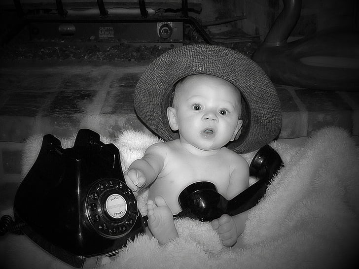 baby, old telephone, portrait, phone, child, kid, fun