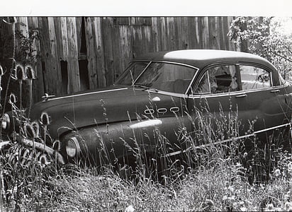 Araba, siyah ve beyaz, Vintage, Retro, çimen, terk edilmiş, hiçbir insan