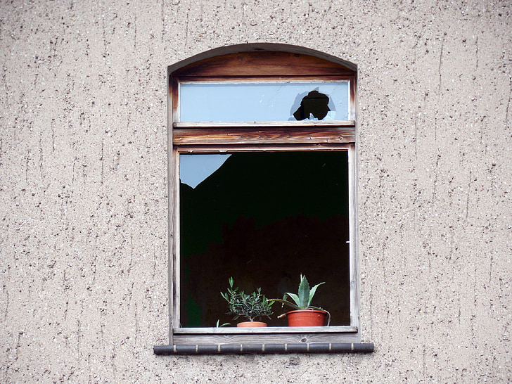 fenêtre de, cassé, carie, verre, disque, façade, bâtiment