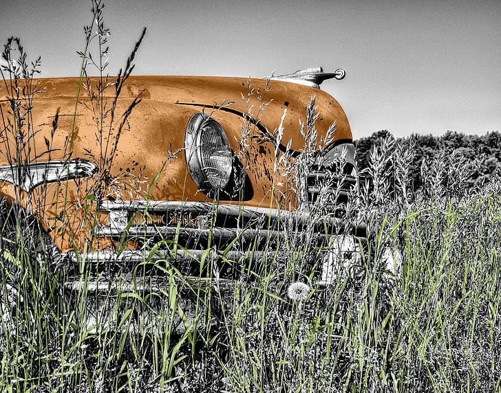 gris, ciel, herbe, Oldtimer, voiture, vieux, Vintage