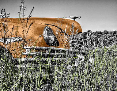 grijs, luchten, gras, oldtimer, auto, oude, Vintage