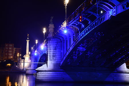 bridge, meuse, river, color, lights, night, reflections
