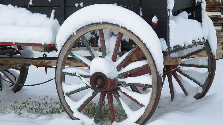 wagon, wheels, winter, snow, rustic, rural, antique