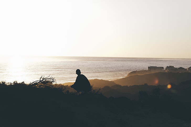 silhouette, person, sitting, cliff, sunset, coast, people