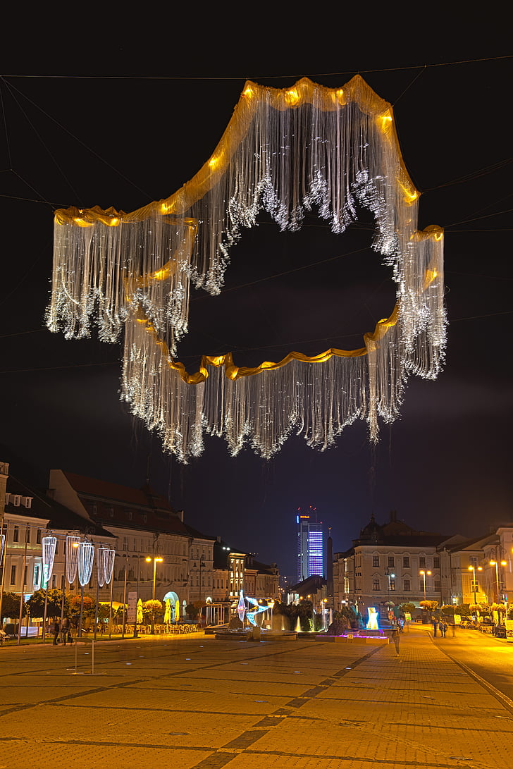 ljus expo, ljus, konst, natt, byggnader, Banská bystrica, staden