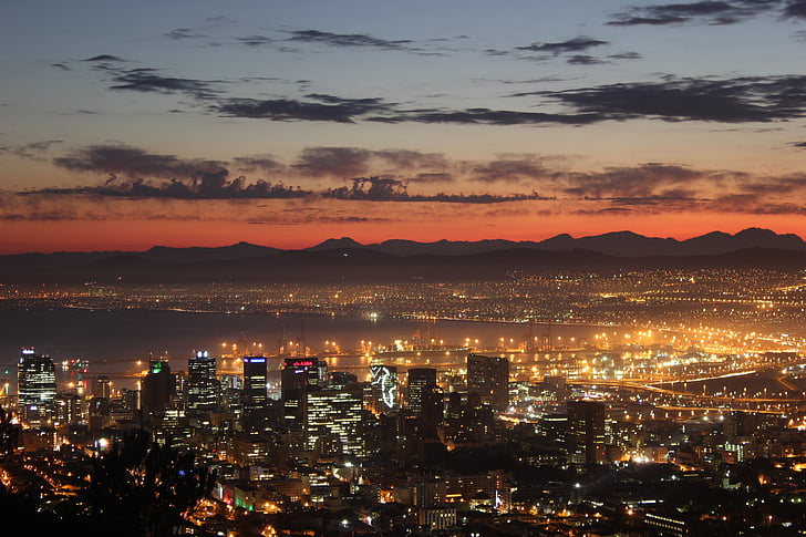 Kaapstad, zonsopgang, CBD, stad, zon, wolken, verlichting