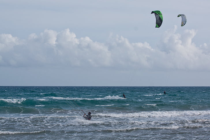 kitesurfer, Kitesurfing, kitere, Kitesurfing, i den, sjøen, himmelen