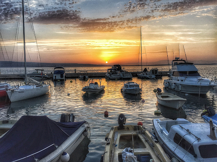 posta de sol, Portuària, Costa, Mar, embarcacions, vaixells, sol