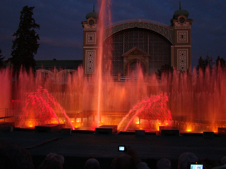 fountain, lights, prague, water, night, illuminated