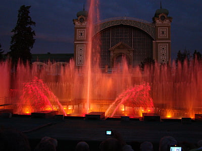 fontána, svetlá, Praha, vody, noc, osvetlené