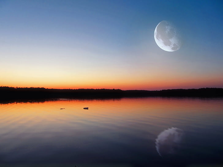 Lago de noche, resplandor, Luna grande, Finlandia, oscuro, Crepúsculo, kayralampi
