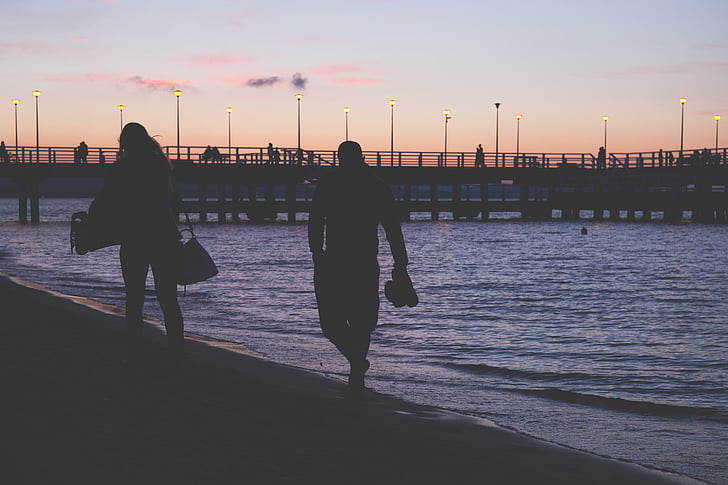 stranden, solnedgang, folk, sjøen, utendørs, kvinner, Pier