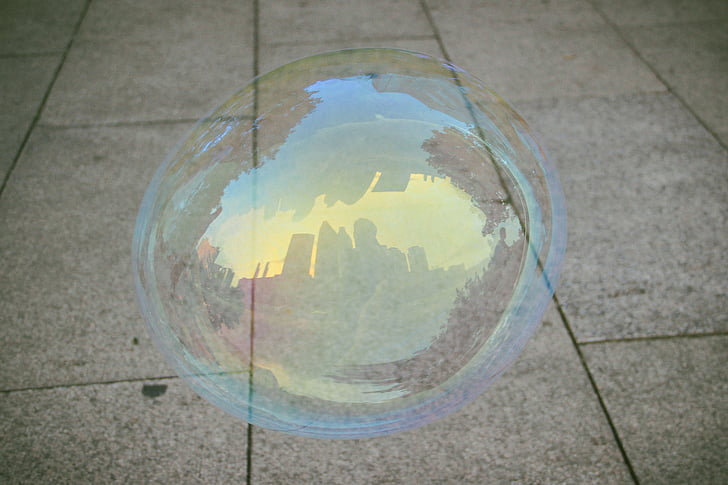 bubbla, staden, reflektion