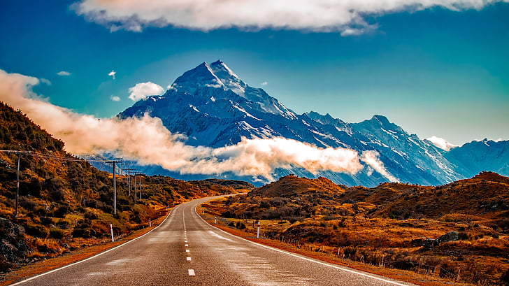 new zealand, landscape, mountains, snow, sky, clouds, road