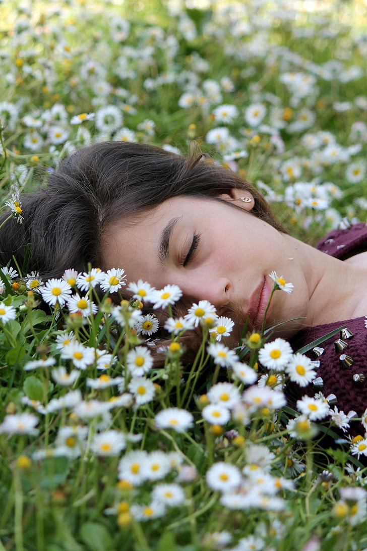 sleep, rest, face, girl, woman, prato, flowers