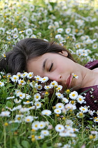 sommeil, reste, visage, jeune fille, femme, Prato, fleurs