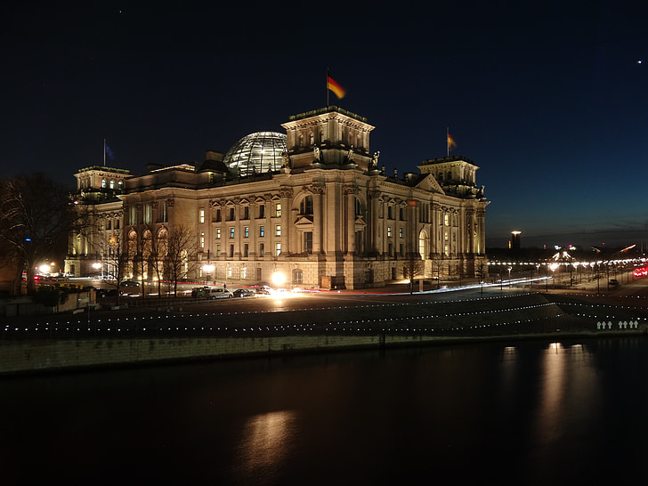 Reichstag, Németország, Berlin, Parlament, éjszaka, épület, Spree