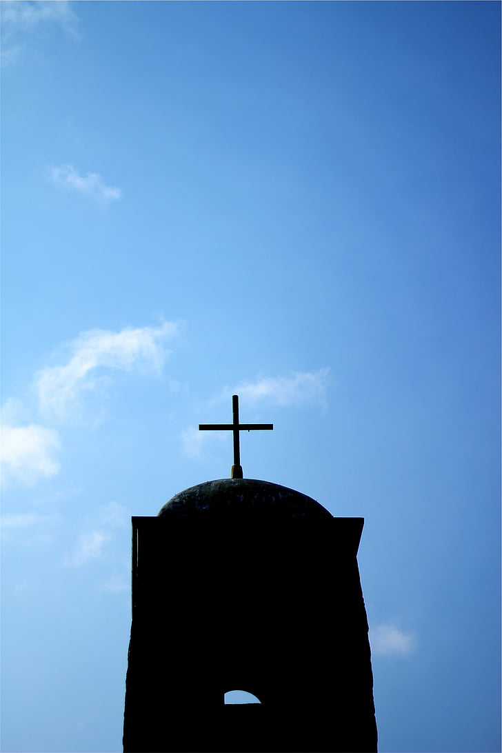 silhouette, photo, cathedral, cross, religion, blue, sky
