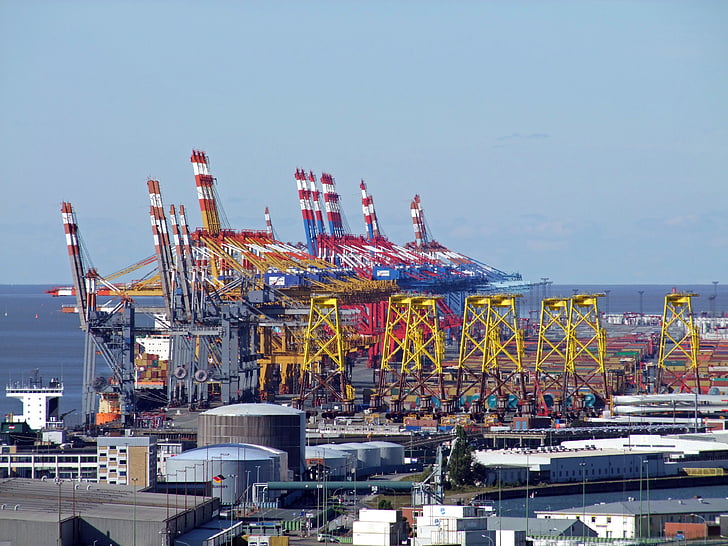 bremerhaven, port, container terminal, large, industry, cranes, ship