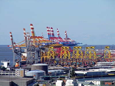 Bremerhaven, hamn, containerterminal, stora, industrin, tranor, fartyg