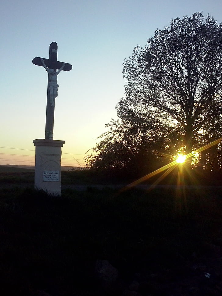 Crist, posta de sol, paisatge, capvespre, resplendor, Hongria, Creu
