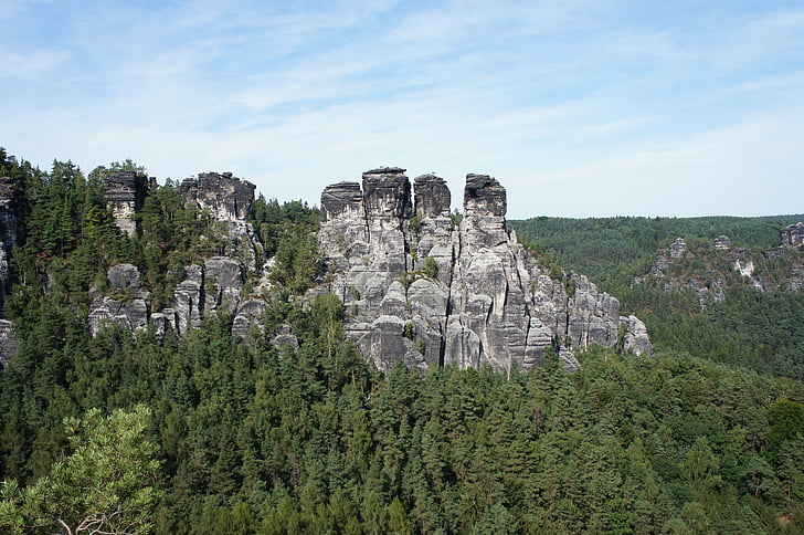 mountains, trees, elbe sandstone mountains, elbe sandstone, rock wall, view, outlook
