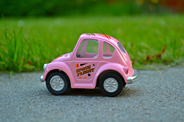 coche, miniatura, rosa, coche miniatura, naturaleza, hierba verde, pequeño