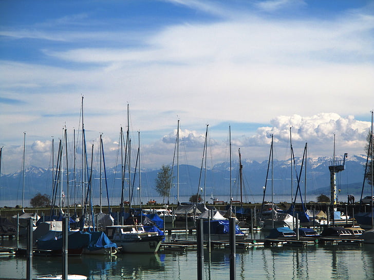 Puerto, agua, cielo, nubes, Estado de ánimo, Romanshorn, Lago de Constanza