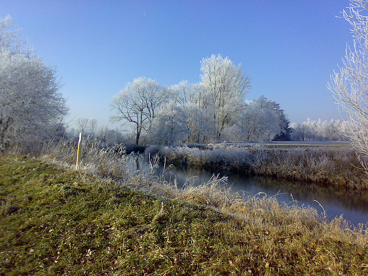 winter, river, hoarfrost, landscape, trees, ice, wintry