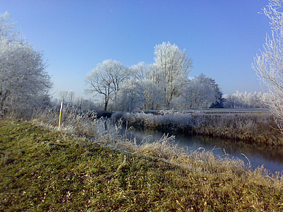 winter, river, hoarfrost, landscape, trees, ice, wintry